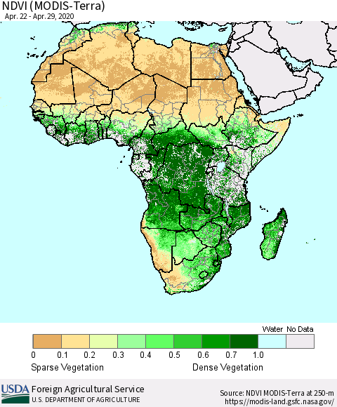 Africa NDVI (Terra-MODIS) Thematic Map For 4/21/2020 - 4/30/2020