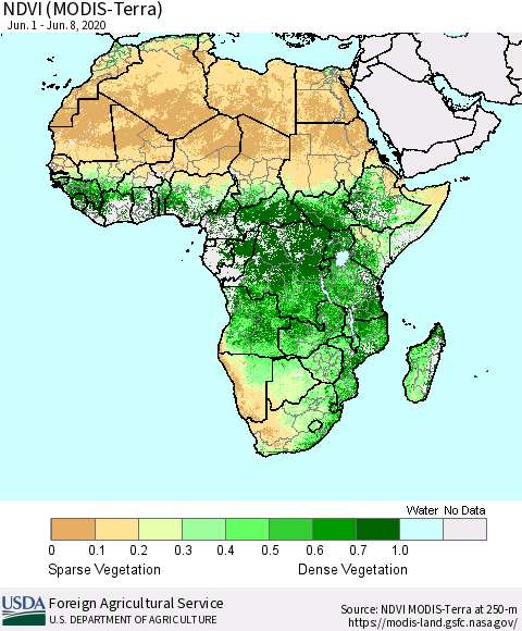 Africa NDVI (Terra-MODIS) Thematic Map For 6/1/2020 - 6/10/2020