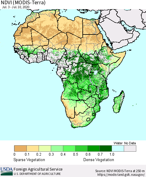 Africa NDVI (Terra-MODIS) Thematic Map For 7/1/2020 - 7/10/2020