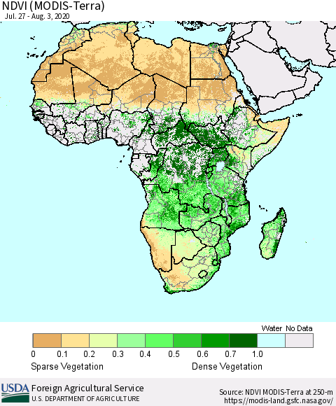 Africa NDVI (Terra-MODIS) Thematic Map For 8/1/2020 - 8/10/2020