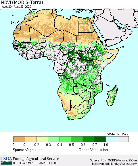 Africa NDVI (Terra-MODIS) Thematic Map For 8/21/2020 - 8/31/2020