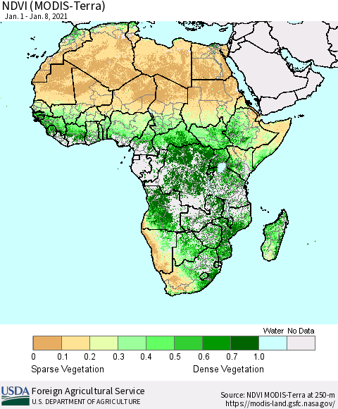 Africa NDVI (Terra-MODIS) Thematic Map For 1/1/2021 - 1/10/2021