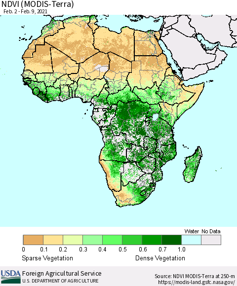 Africa NDVI (Terra-MODIS) Thematic Map For 2/1/2021 - 2/10/2021