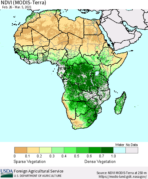 Africa NDVI (Terra-MODIS) Thematic Map For 3/1/2021 - 3/10/2021