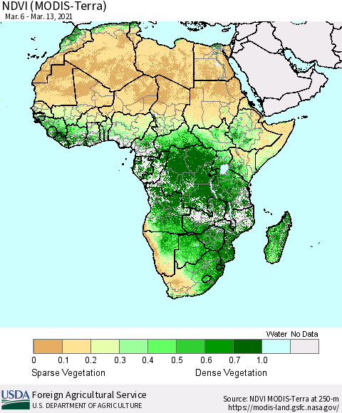 Africa NDVI (Terra-MODIS) Thematic Map For 3/11/2021 - 3/20/2021