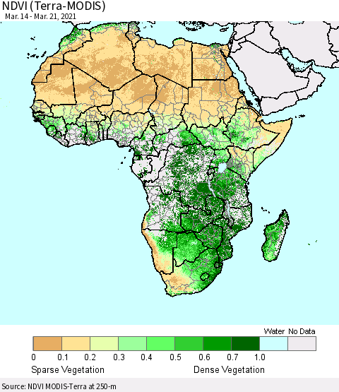 Africa NDVI (Terra-MODIS) Thematic Map For 3/14/2021 - 3/21/2021