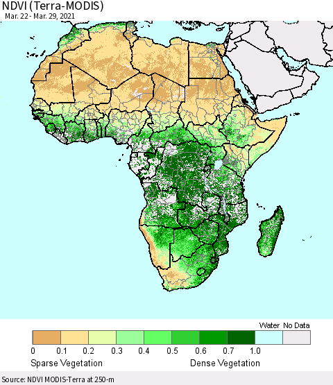 Africa NDVI (Terra-MODIS) Thematic Map For 3/22/2021 - 3/29/2021