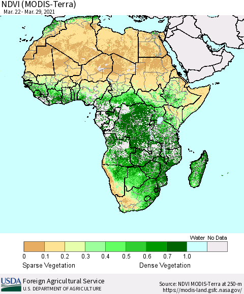 Africa NDVI (Terra-MODIS) Thematic Map For 3/21/2021 - 3/31/2021