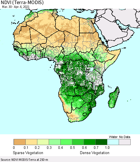 Africa NDVI (Terra-MODIS) Thematic Map For 3/30/2021 - 4/6/2021