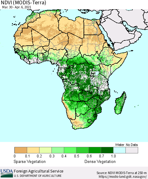 Africa NDVI (Terra-MODIS) Thematic Map For 4/1/2021 - 4/10/2021