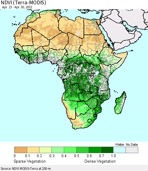 Africa NDVI (Terra-MODIS) Thematic Map For 4/21/2021 - 4/30/2021