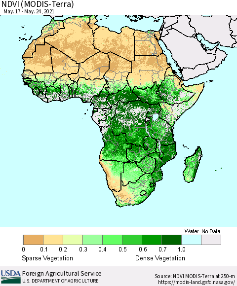 Africa NDVI (Terra-MODIS) Thematic Map For 5/21/2021 - 5/31/2021