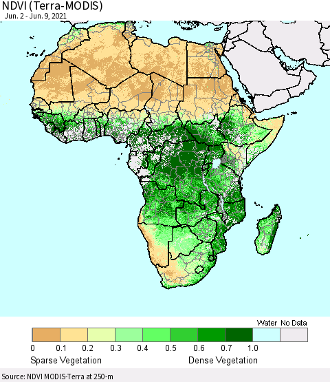 Africa NDVI (Terra-MODIS) Thematic Map For 6/2/2021 - 6/9/2021