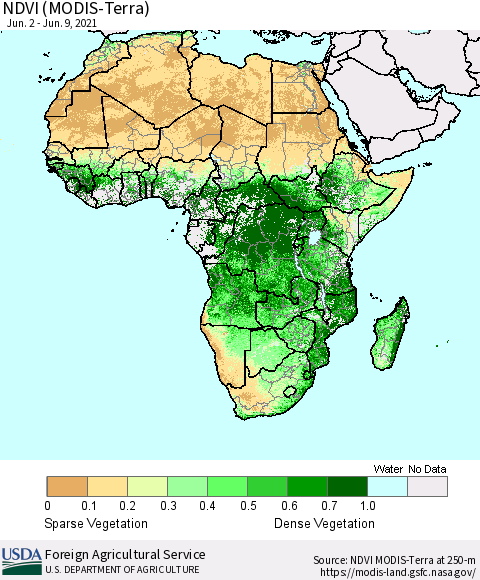 Africa NDVI (Terra-MODIS) Thematic Map For 6/1/2021 - 6/10/2021