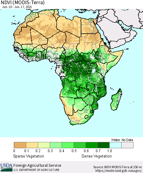 Africa NDVI (Terra-MODIS) Thematic Map For 6/11/2021 - 6/20/2021