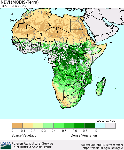 Africa NDVI (Terra-MODIS) Thematic Map For 6/21/2021 - 6/30/2021
