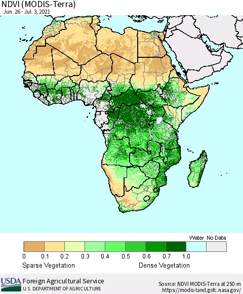 Africa NDVI (Terra-MODIS) Thematic Map For 7/1/2021 - 7/10/2021