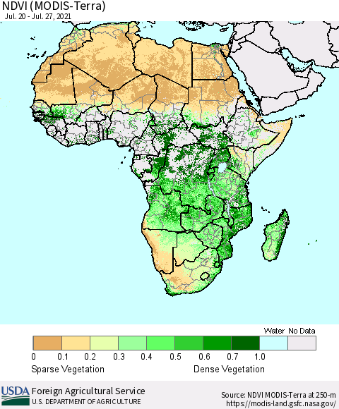 Africa NDVI (Terra-MODIS) Thematic Map For 7/21/2021 - 7/31/2021