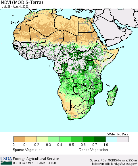 Africa NDVI (Terra-MODIS) Thematic Map For 8/1/2021 - 8/10/2021