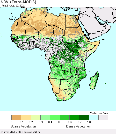 Africa NDVI (Terra-MODIS) Thematic Map For 8/5/2021 - 8/12/2021