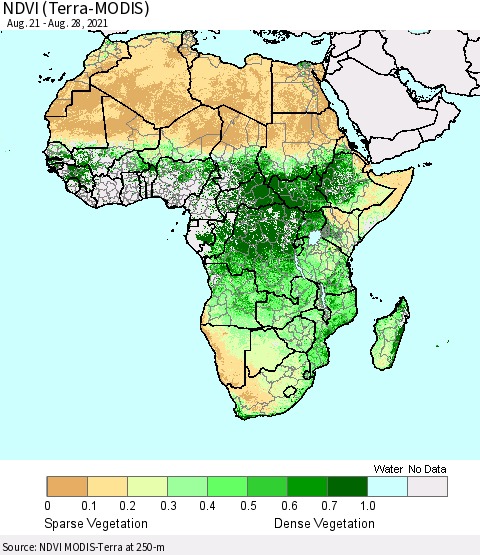 Africa NDVI (Terra-MODIS) Thematic Map For 8/21/2021 - 8/28/2021