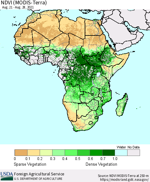 Africa NDVI (Terra-MODIS) Thematic Map For 8/21/2021 - 8/31/2021