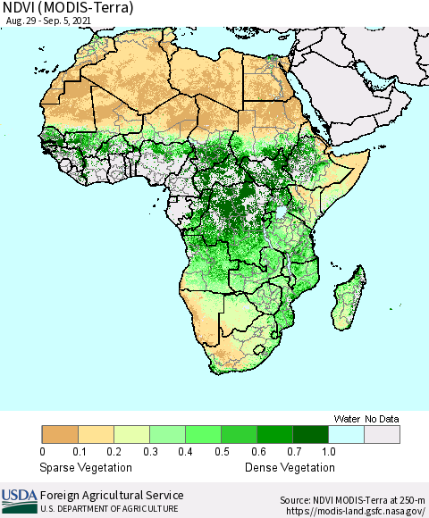 Africa NDVI (Terra-MODIS) Thematic Map For 9/1/2021 - 9/10/2021