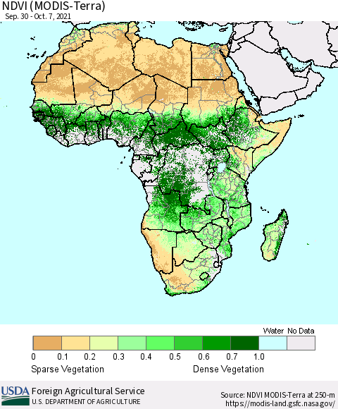 Africa NDVI (Terra-MODIS) Thematic Map For 10/1/2021 - 10/10/2021