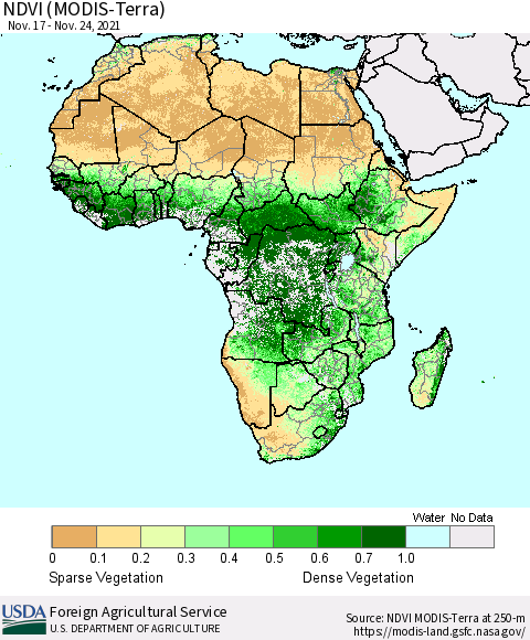 Africa NDVI (Terra-MODIS) Thematic Map For 11/21/2021 - 11/30/2021
