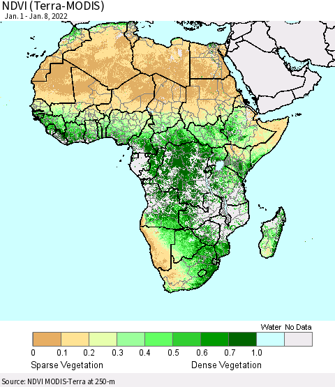 Africa NDVI (Terra-MODIS) Thematic Map For 1/1/2022 - 1/8/2022
