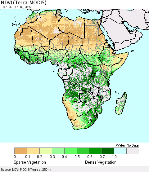 Africa NDVI (Terra-MODIS) Thematic Map For 1/9/2022 - 1/16/2022