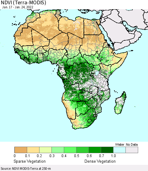 Africa NDVI (Terra-MODIS) Thematic Map For 1/17/2022 - 1/24/2022