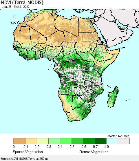 Africa NDVI (Terra-MODIS) Thematic Map For 1/25/2022 - 2/1/2022