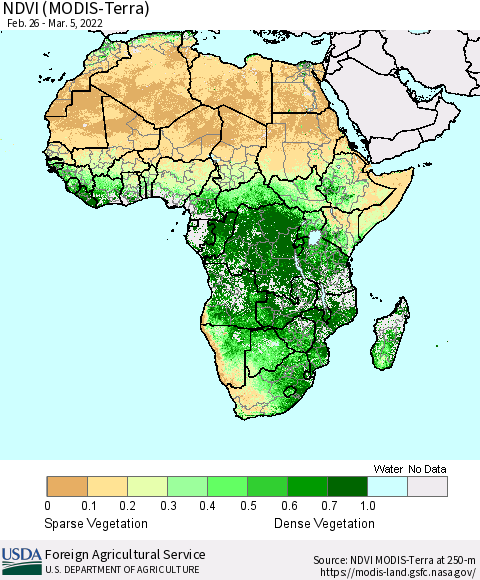 Africa NDVI (Terra-MODIS) Thematic Map For 3/1/2022 - 3/10/2022