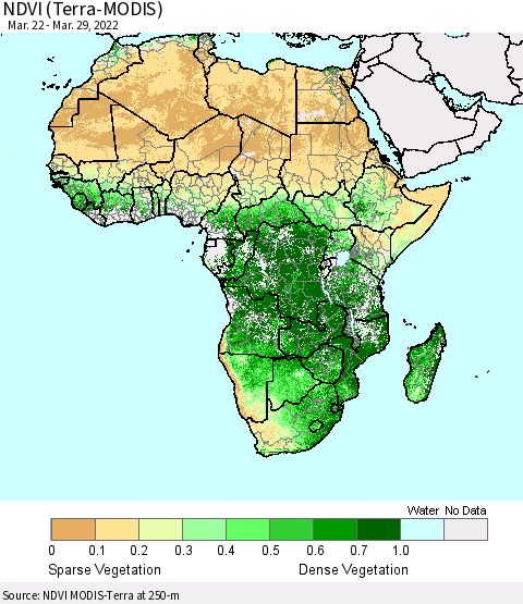 Africa NDVI (Terra-MODIS) Thematic Map For 3/22/2022 - 3/29/2022