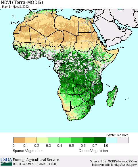 Africa NDVI (Terra-MODIS) Thematic Map For 5/1/2022 - 5/10/2022