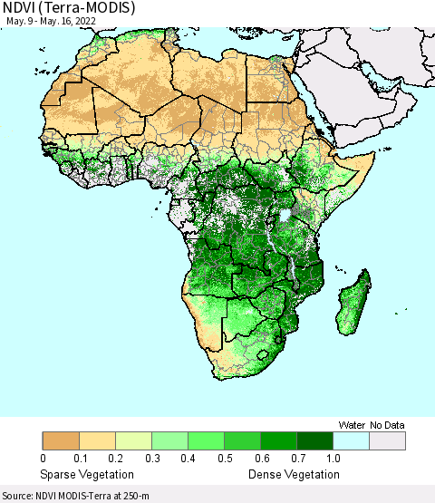 Africa NDVI (Terra-MODIS) Thematic Map For 5/9/2022 - 5/16/2022