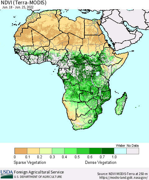 Africa NDVI (Terra-MODIS) Thematic Map For 6/21/2022 - 6/30/2022