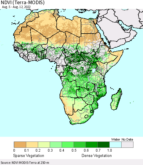 Africa NDVI (Terra-MODIS) Thematic Map For 8/5/2022 - 8/12/2022
