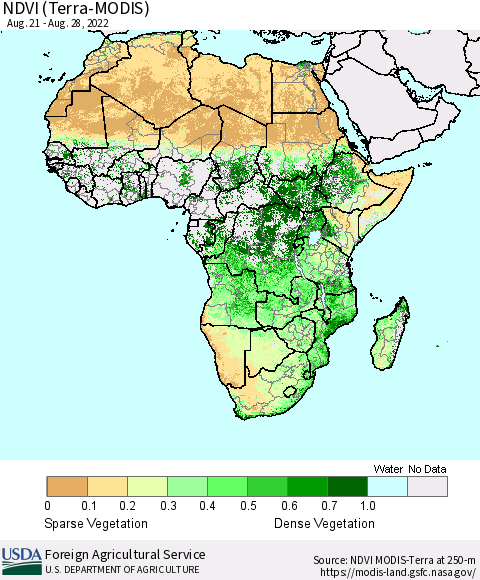 Africa NDVI (Terra-MODIS) Thematic Map For 8/21/2022 - 8/31/2022