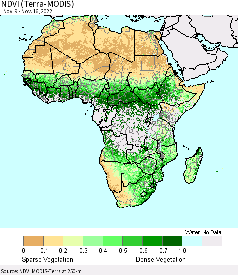 Africa NDVI (Terra-MODIS) Thematic Map For 11/9/2022 - 11/16/2022