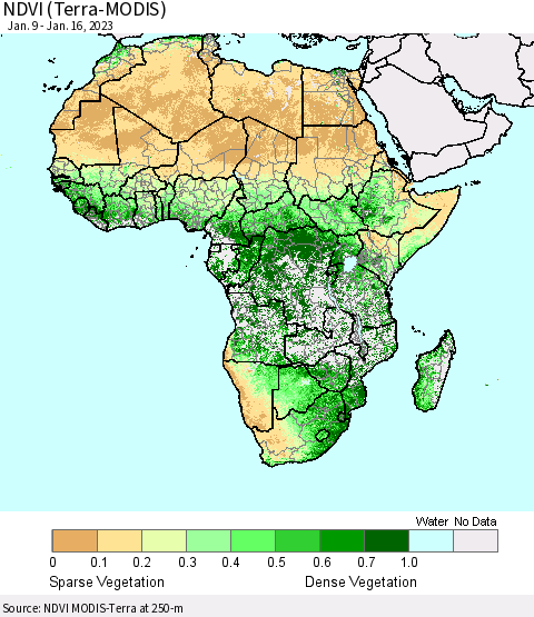 Africa NDVI (Terra-MODIS) Thematic Map For 1/9/2023 - 1/16/2023