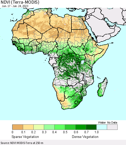 Africa NDVI (Terra-MODIS) Thematic Map For 1/17/2023 - 1/24/2023