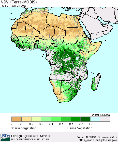 Africa NDVI (Terra-MODIS) Thematic Map For 1/21/2023 - 1/31/2023