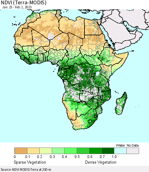 Africa NDVI (Terra-MODIS) Thematic Map For 1/25/2023 - 2/1/2023