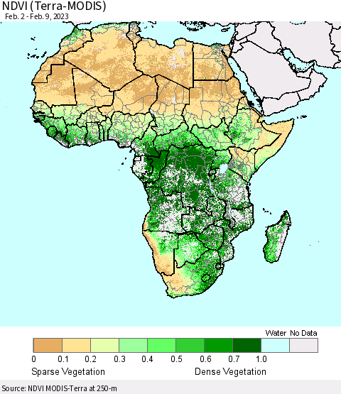 Africa NDVI (Terra-MODIS) Thematic Map For 2/2/2023 - 2/9/2023