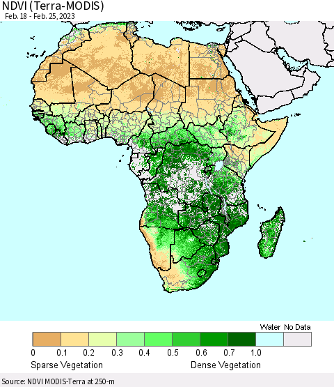 Africa NDVI (Terra-MODIS) Thematic Map For 2/18/2023 - 2/25/2023