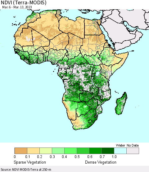 Africa NDVI (Terra-MODIS) Thematic Map For 3/6/2023 - 3/13/2023