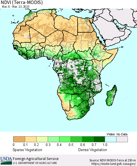 Africa NDVI (Terra-MODIS) Thematic Map For 3/11/2023 - 3/20/2023