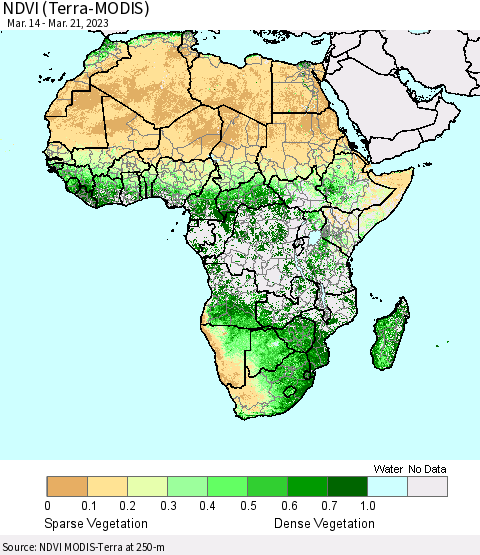 Africa NDVI (Terra-MODIS) Thematic Map For 3/14/2023 - 3/21/2023